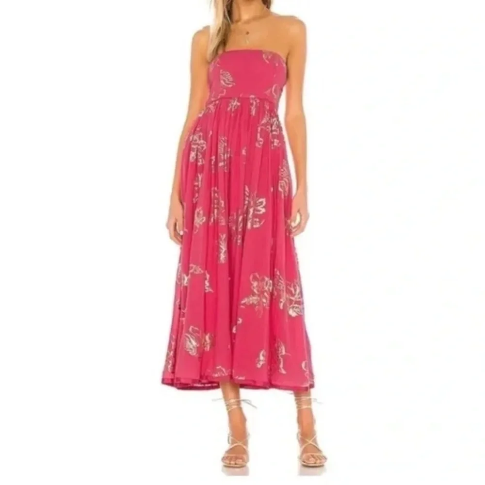 Free People Baja Babe Midi Dress Hot Pink Combo Metallic Gold XL Floral Cotton - Picture 3 of 14